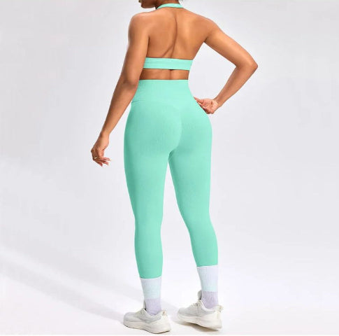 Blue Aura halter leggings set by BD WEAR featuring matching high-waisted leggings and crop top, made from stretchy, comfortable fabric.