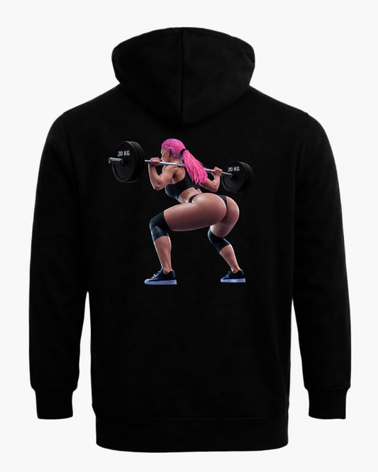 Black Titan Aesthetic Zip Hoodie by BD WEAR with front zipper, hood, and ribbed cuffs, displayed on a hanger.