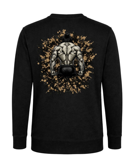 BD WEAR Titan Iron Back Crewneck in black, showcasing a close-up of the back design and fabric texture.