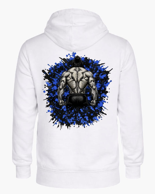 BD WEAR Titan Iron Back Zip Hoodie featuring a front zipper, hood, and detailed iron design on the back.