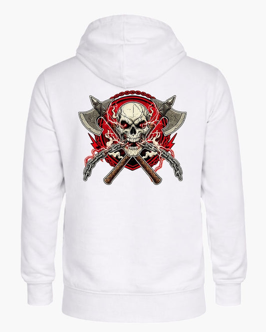 Black Titan Skull & Axes Zip Hoodie by BD WEAR featuring a bold skull and axe graphic on the front.