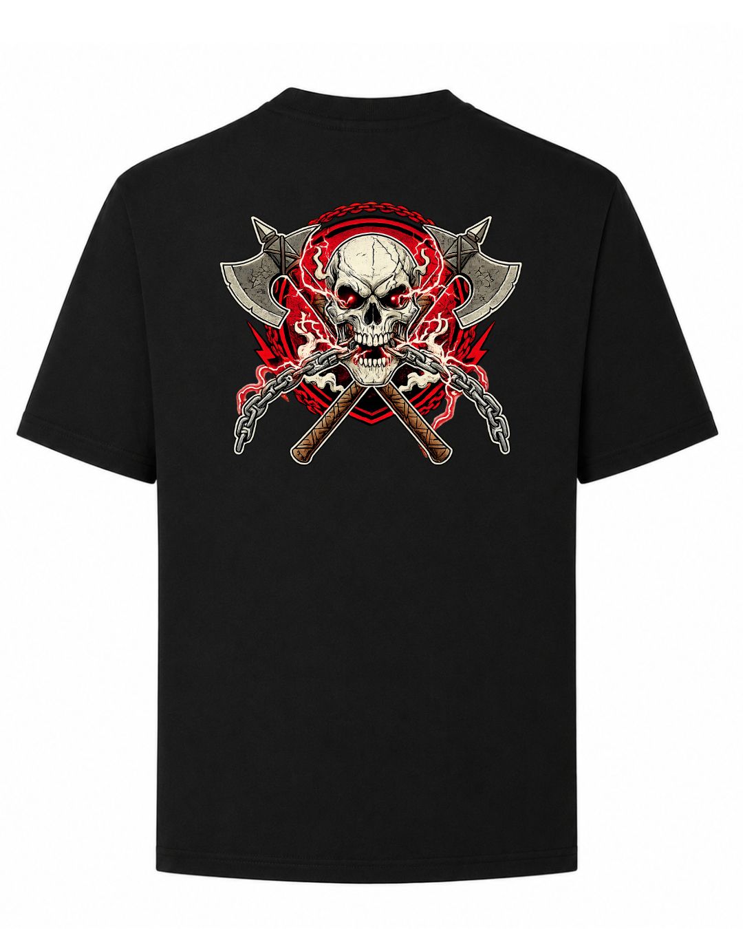 BD WEAR Titan Skull & Axes oversized T-shirt featuring bold graphic print on black cotton fabric.