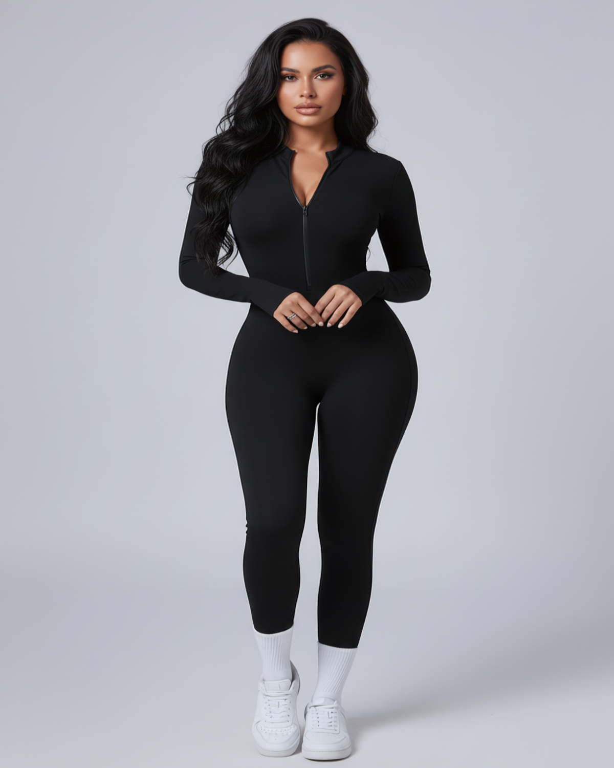 A woman modeling a black long-sleeve zip-front bodysuit with a deep V-neckline, paired with white socks and white sneakers, against a light gray studio background.