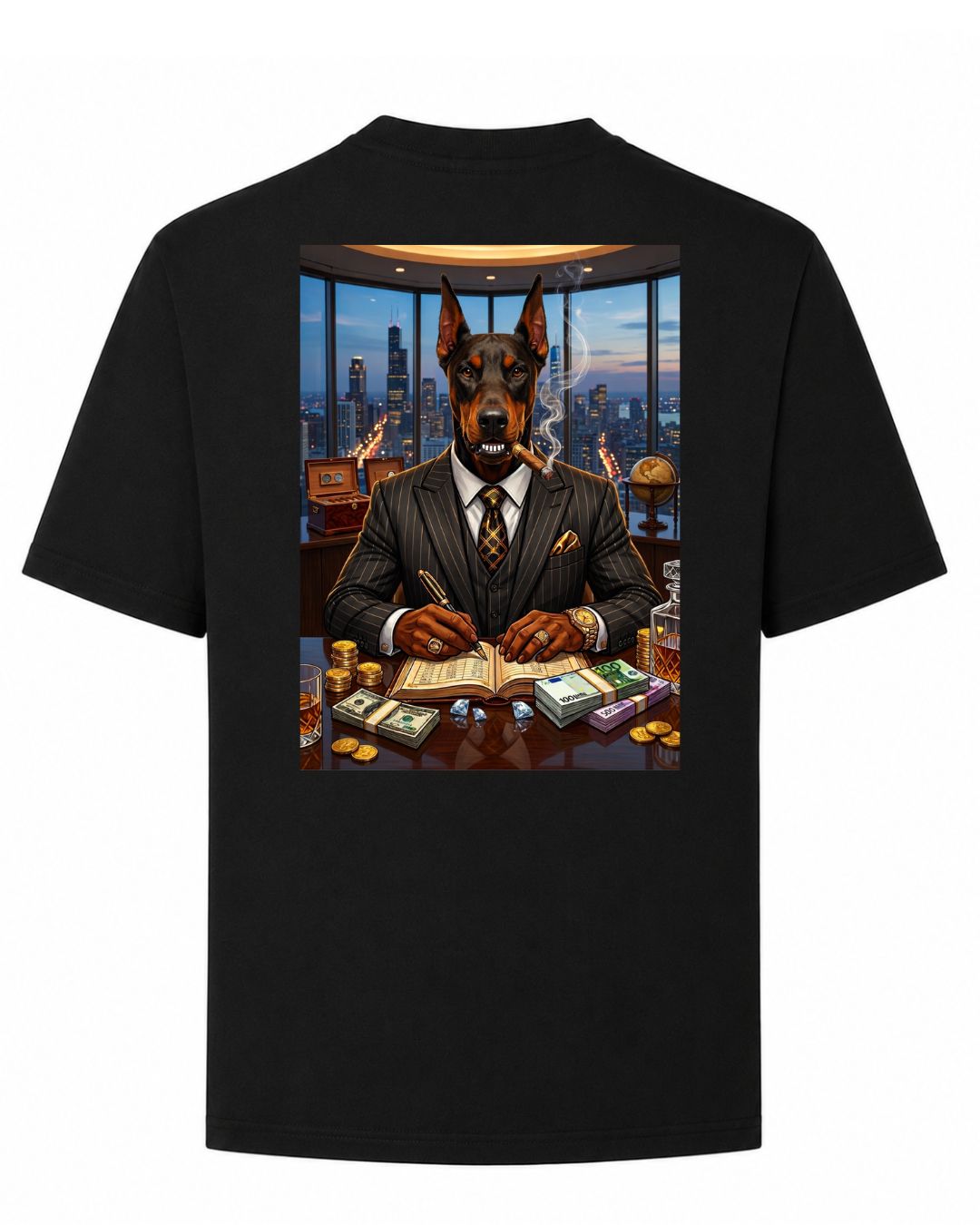 BD WEAR Titan Boss oversized T-shirt in black, featuring bold graphic design and relaxed fit on a model.