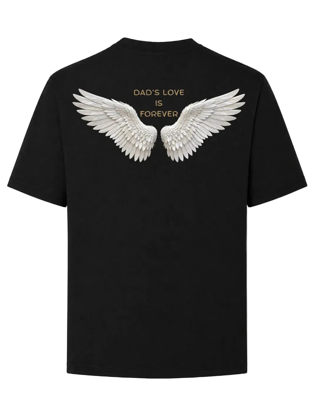 Titan Eternal Wings Oversized T-shirt in black by BD WEAR featuring white angel wings graphic print and gold text Dad's Love Is Forever on a grey background