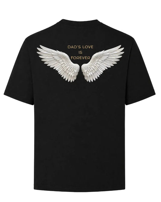 Titan Eternal Wings Oversized T-shirt in black by BD WEAR featuring white angel wings graphic print and gold text Dad's Love Is Forever on a grey background