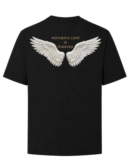 Titan Eternal Wings Oversized T-shirt in black by BD WEAR featuring white angel wings graphic print and gold text Mother's Love Is Forever on a grey background