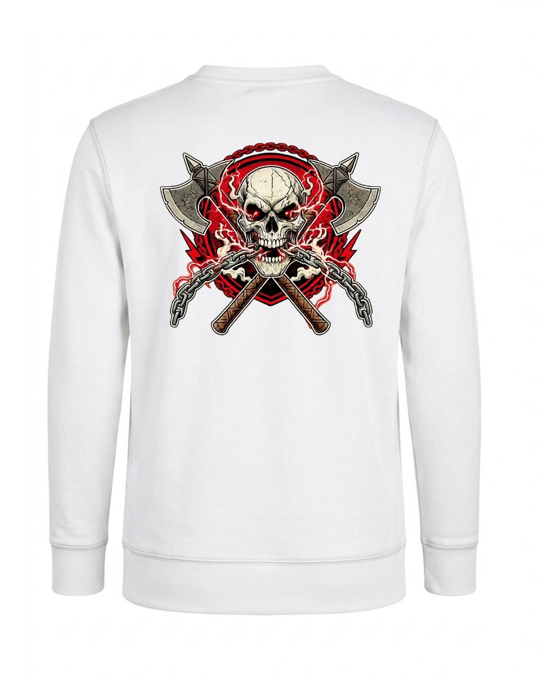 Black Titan Skull and Axes crewneck sweatshirt by BD WEAR featuring a bold skull and axe graphic design.