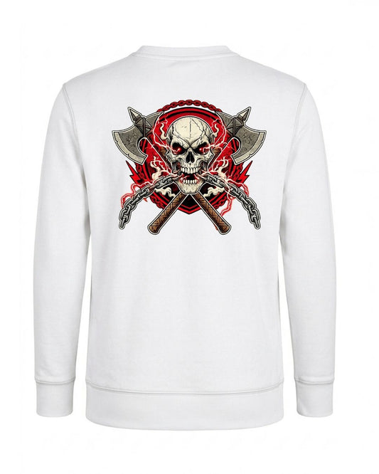 Black Titan Skull and Axes crewneck sweatshirt by BD WEAR featuring a bold skull and axe graphic design.