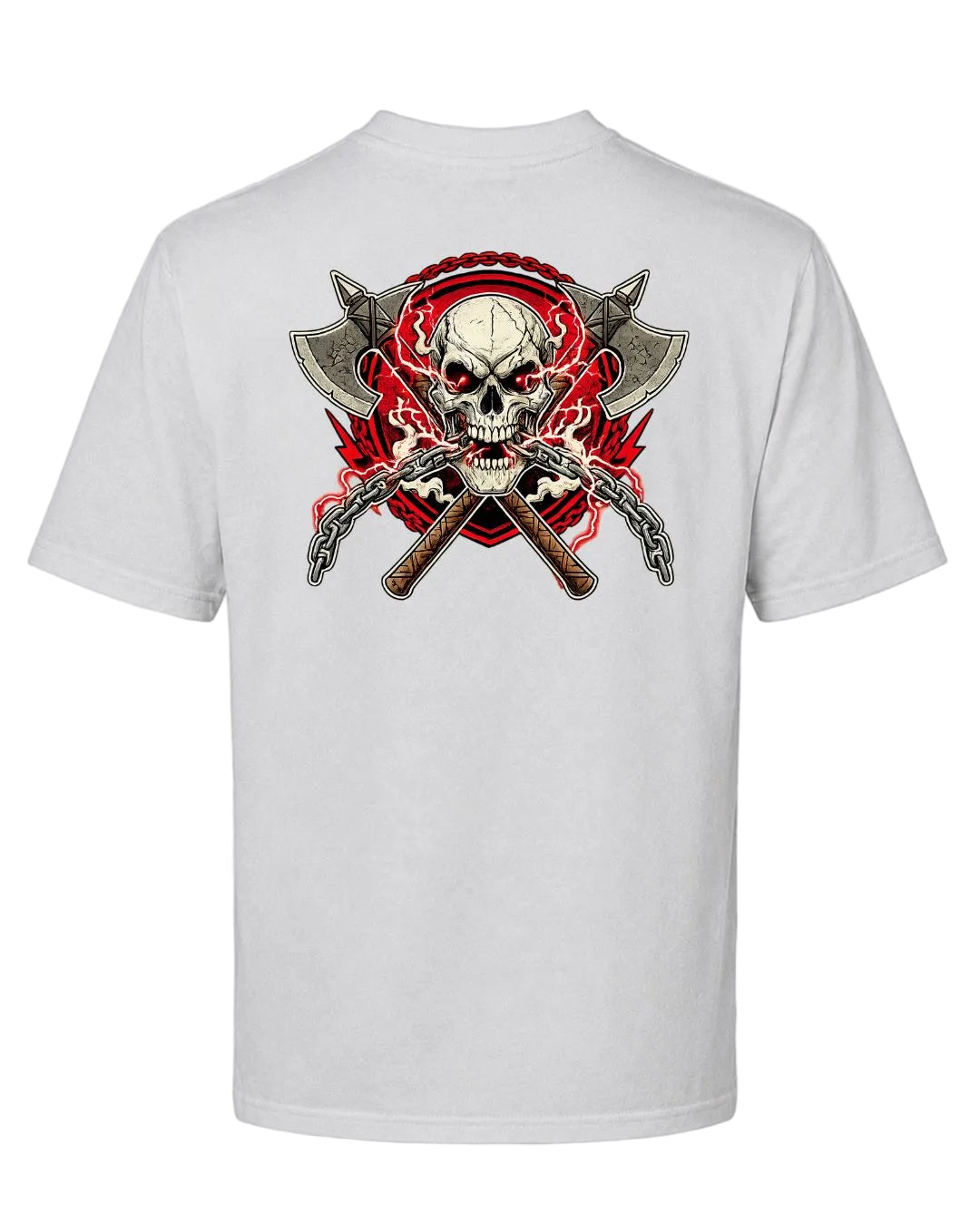 BD WEAR Titan Skull & Axes oversized T-shirt featuring bold graphic print on front, black fabric, and relaxed fit.