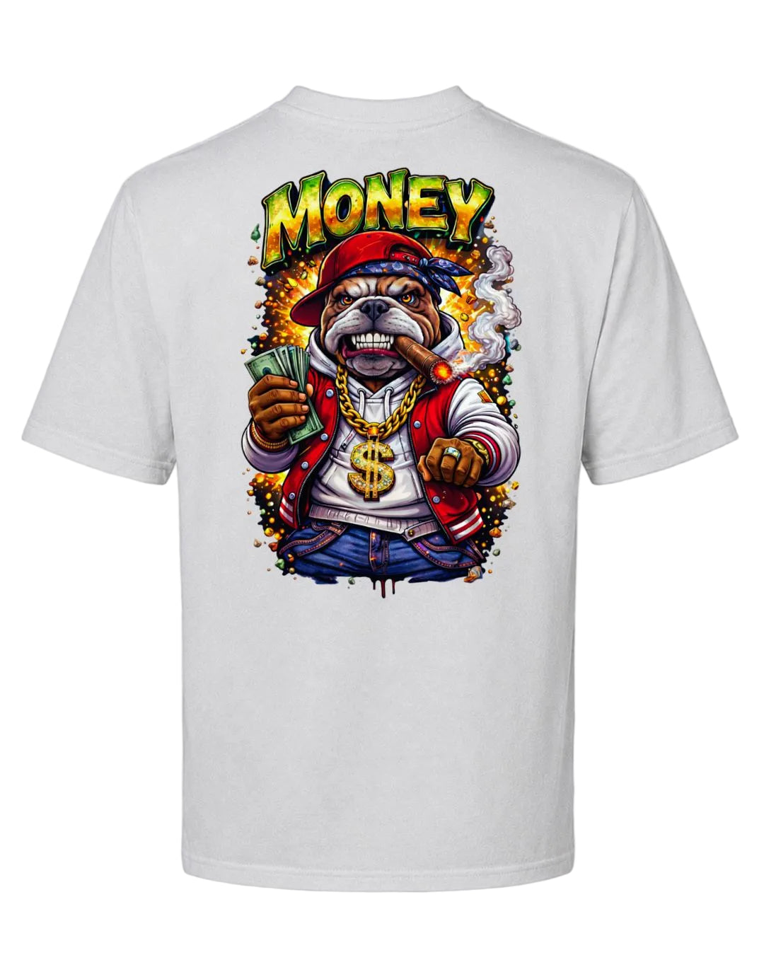 A white short-sleeve t-shirt shown from the back, featuring a large colorful graphic of a bulldog dressed as a rapper with the word 'MONEY' above it, on a light gray background.