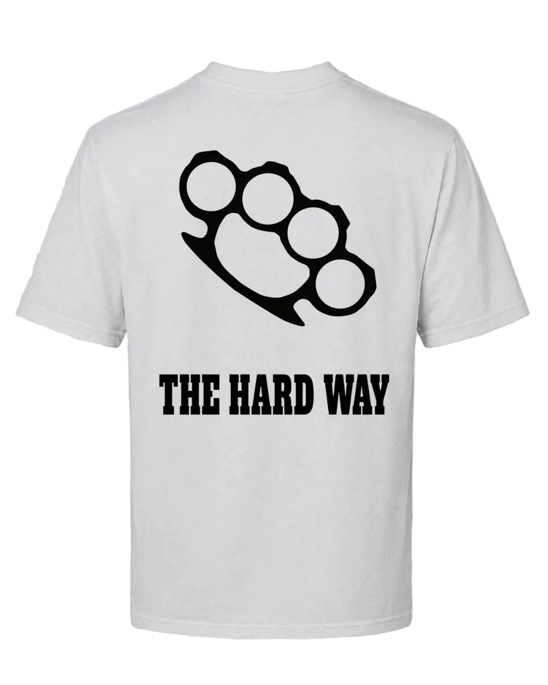 Titan Hard Way Oversized T-shirt in white by BD WEAR featuring a black brass knuckles graphic print and text The Hard Way on a grey background
