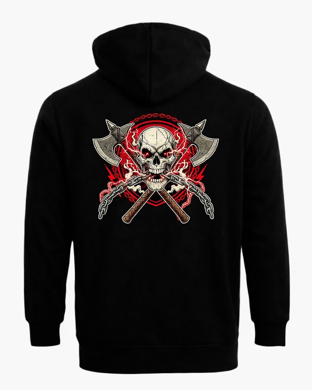 Black Titan Skull & Axes Zip Hoodie by BD WEAR featuring a front skull and axe design, with a full zip closure and hoodie.