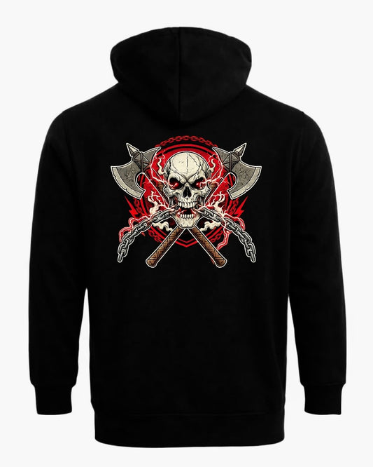 Black Titan Skull & Axes Zip Hoodie by BD WEAR featuring a front skull and axe design, with a full zip closure and hoodie.