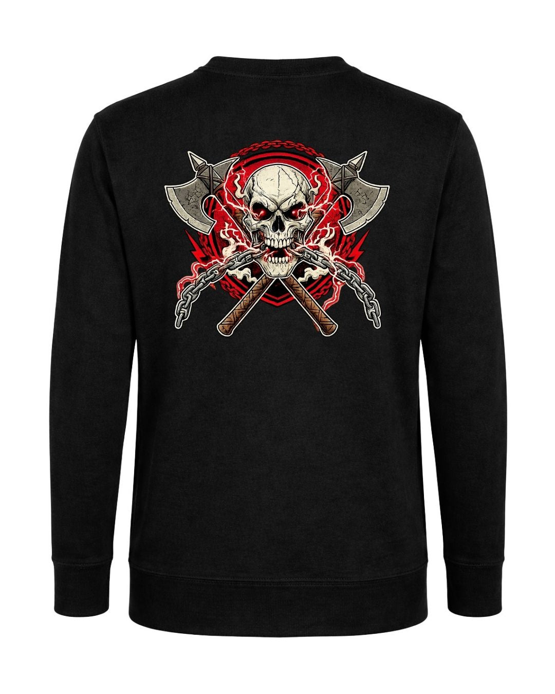 BD WEAR Titan Skull & Axes crewneck sweatshirt featuring a bold graphic design with a skull and axe illustrations.