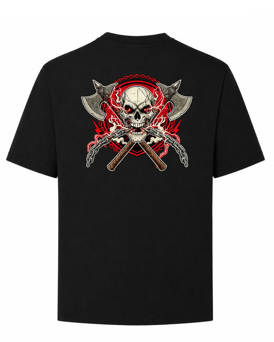 BD WEAR Titan Skull & Axes oversized T-shirt featuring bold graphic print on black cotton fabric.