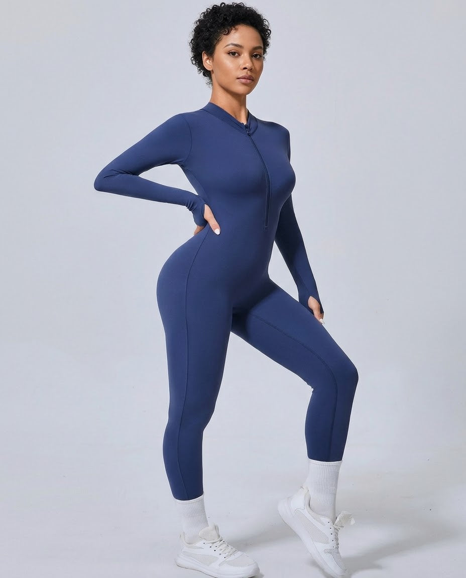 BD WEAR Solene full-body jumpsuit displayed on a model, featuring a sleek, fitted design with long sleeves and stylish details.