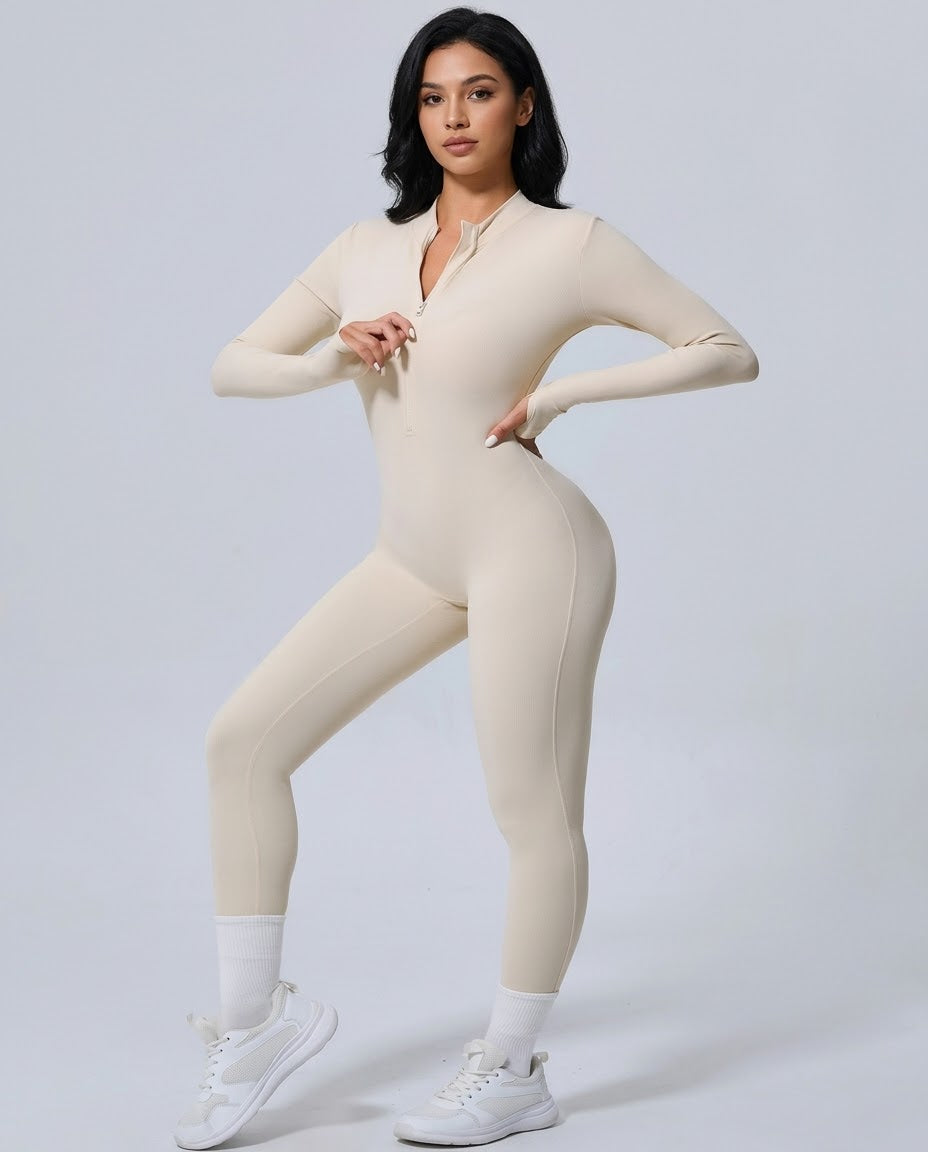 BD WEAR Solene full-body jumpsuit displayed on a model, featuring a sleek, fitted design with long sleeves and a stylish neckline.