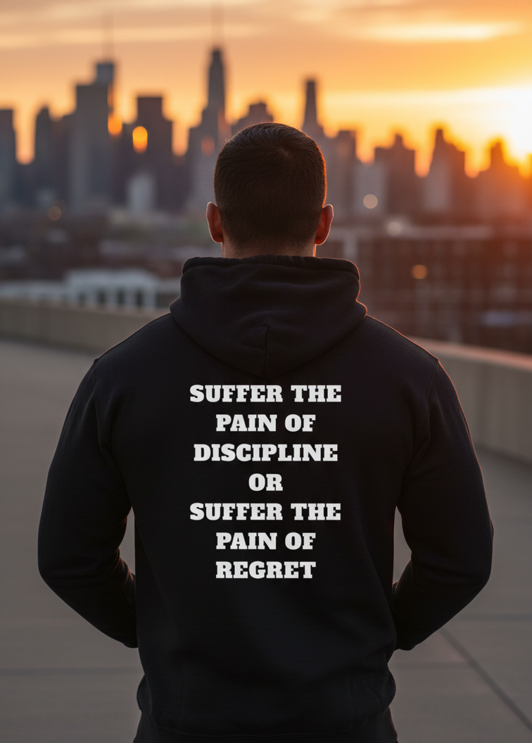 Black Titan Discipline hoodie by BD WEAR, featuring a front logo and comfortable fit, displayed on a hanger against a neutral background.
