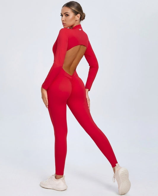 Red BD WEAR Royal Back jumpsuit featuring a stylish back design and fitted silhouette.